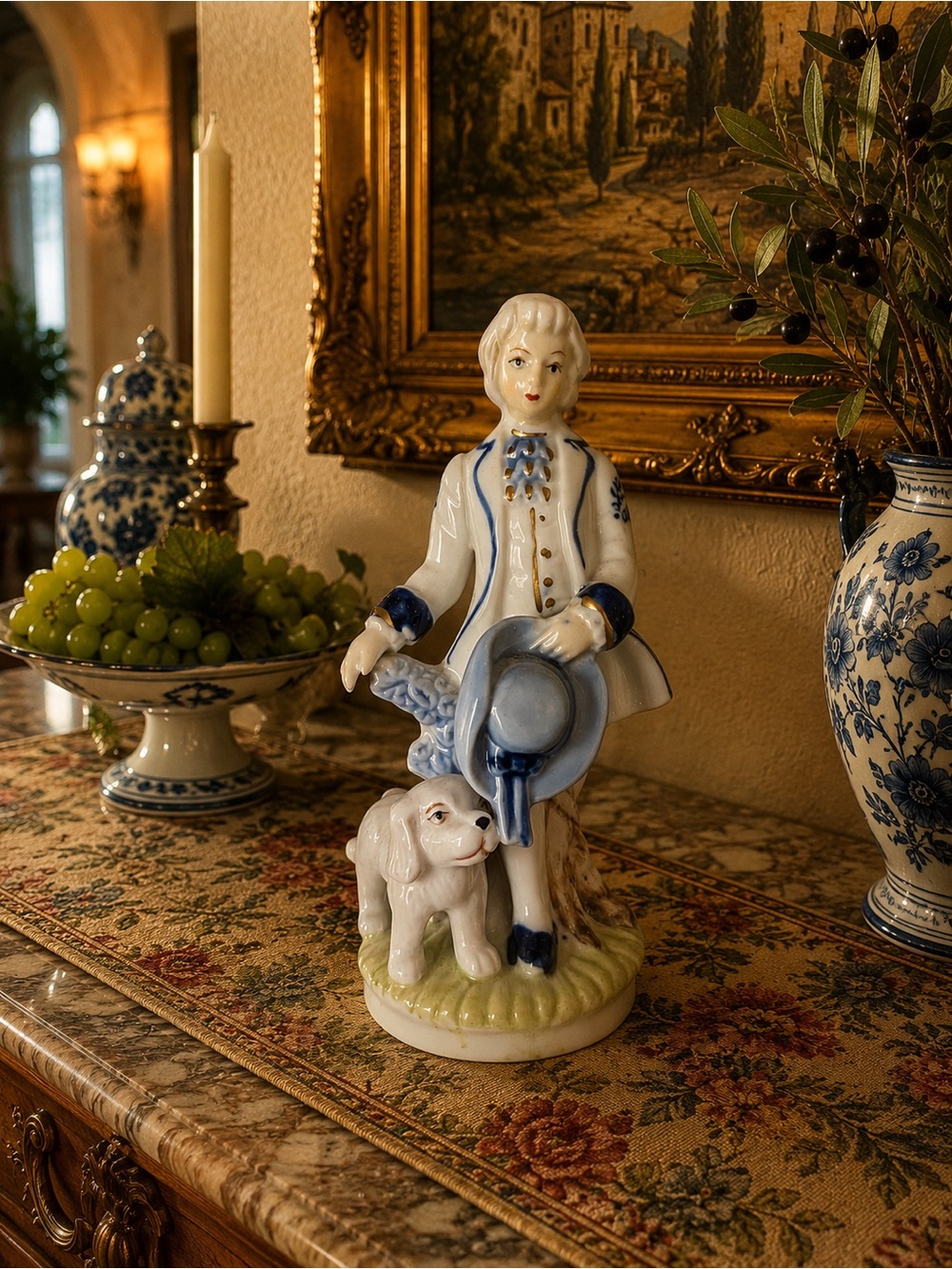 Vintage English Blue and White Classic Figurine Colonial Man with Dog